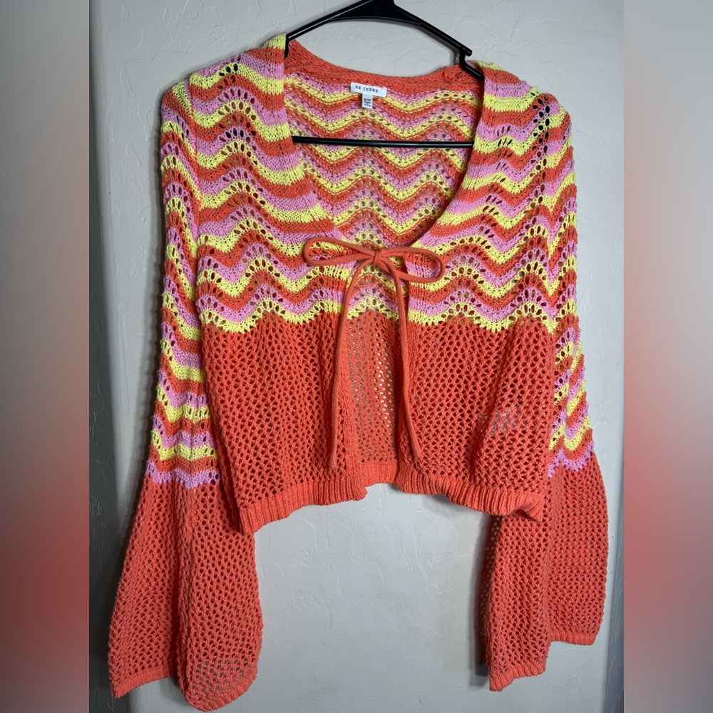 En Crème Crochet Tie Front Cardigan S/M Retro Wave Knit Bell Sleeve Open Weave